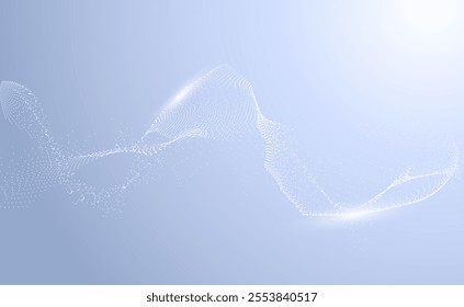 Abstract flow of small particles. Ethereal energy wave. Dynamic flow of white dots on a light blue background. The effect of data movement, sounds of music or virtual energy. Vector illustration.