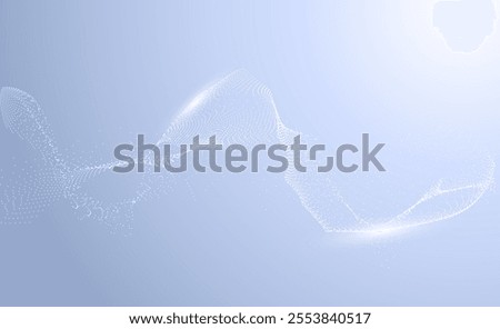 Abstract flow of small particles. Ethereal energy wave. Dynamic flow of white dots on a light blue background. The effect of data movement, sounds of music or virtual energy. Vector illustration.