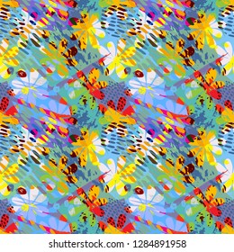 Abstract flower arrangement, seamless pattern. Bright colors, expressive silhouettes, cute vector illustration.