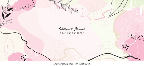 Abstract flower art frame background vector. Luxury minimal style wallpaper with golden line art flower and botanical leaves, Organic shapes, Watercolor. Vector background illustration.
