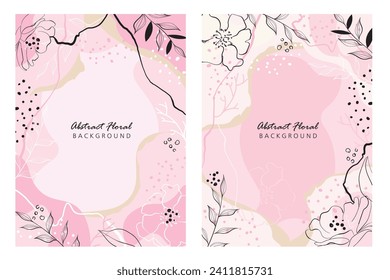 Abstract flower art frame background vector. Luxury minimal style wallpaper with golden line art flower and botanical leaves, Organic shapes, Watercolor. Vector background illustration.