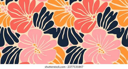 Abstract flower art seamless pattern illustration. Organic nature floral background in vintage style. Spring season decoration texture, drawing print.