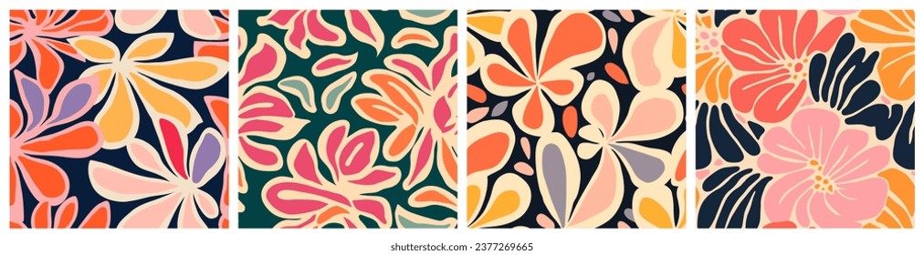 Abstract flower art seamless pattern illustration set. Organic nature floral background collection in vintage style. Spring season decoration texture, drawing print.