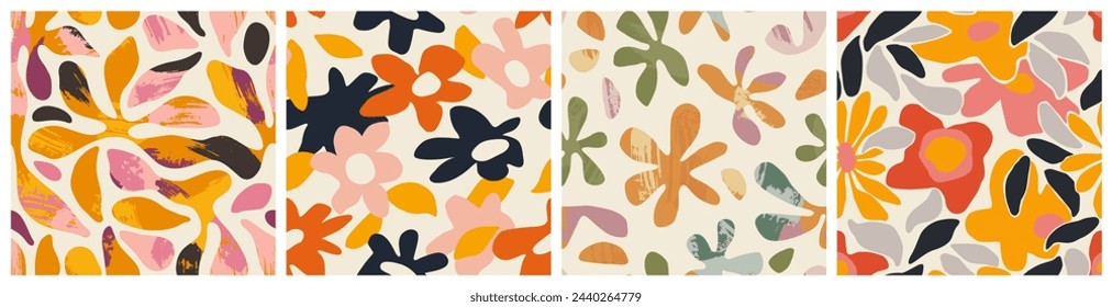 Abstract flower art seamless pattern illustration set. Organic nature floral background collection in vintage style. Spring season decoration texture, drawing print.