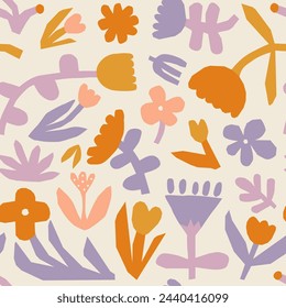 Abstract flower art seamless pattern illustration. Organic nature floral background in vintage style. Spring season decoration texture, drawing print.