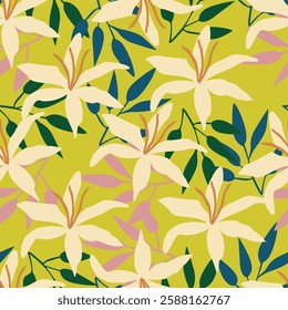 Abstract flower art seamless pattern illustration. Organic nature floral background in vintage style. Spring season decoration texture, drawing print