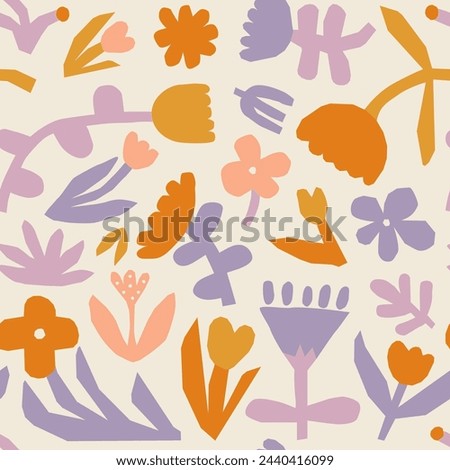 Abstract flower art seamless pattern illustration. Organic nature floral background in vintage style. Spring season decoration texture, drawing print.