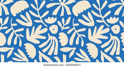 Abstract flower art shape seamless pattern. Trendy contemporary floral cutout background illustration. Natural organic plant leaves artwork wallpaper print. Vintage botanical spring texture.