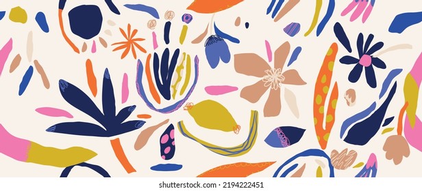 Abstract flower background vector. Colorful botanical wallpaper with organic shapes, leaf, flower, foliage. Seamless pattern design for wallpaper, prints, cover, fabric, wall art and home decor.