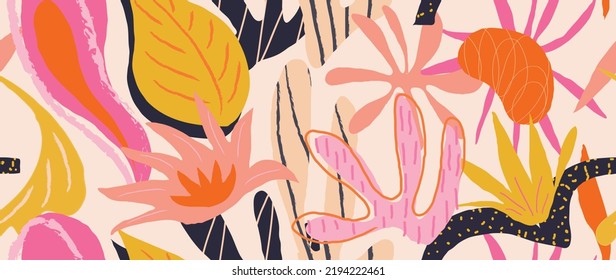 Abstract flower background vector. Colorful botanical wallpaper with organic shapes, leaf, flower, foliage. Seamless pattern design for wallpaper, prints, cover, fabric, wall art and home decor.