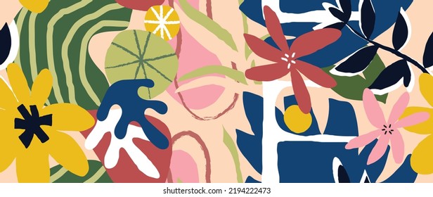 Abstract flower background vector. Colorful botanical wallpaper with organic shapes, leaf, flower, foliage. Seamless pattern design for wallpaper, prints, cover, fabric, wall art and home decor.