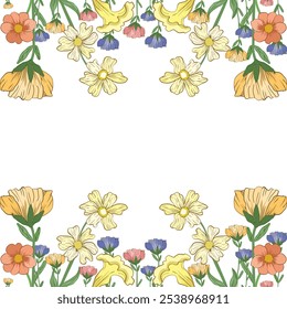 Abstrakter floraler Hintergrund, Vektordesign, floraler Rahmen.Botanische flache Vektorgrafik vom Frühling auf weißem Hintergrund.
Blühende Kulisse mit wunderschönen mehrfarbigen blühenden Blumen dekoriert. 