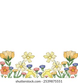 Abstrakter floraler Hintergrund, Vektordesign, floraler Rahmen.Botanische flache Vektorgrafik vom Frühling auf weißem Hintergrund.
Blühende Kulisse mit wunderschönen mehrfarbigen blühenden Blumen dekoriert. 