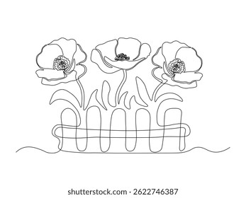 Cama de flor abstrata com uma cerca com papoulas, contínuo uma única linha arte mão desenho esboço logotipo