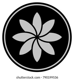 Abstract Flower black coin icon. Vector style is a flat coin symbol using black and light gray colors.