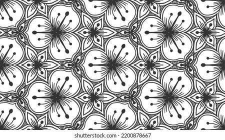 Abstrakte Blume schwarz nahtloses Muster. Monochrome stilisierte Blüten und Blätter wiederholt dekorativer Hintergrund. Vintage florale barocke Struktur. Ornament für Tapeten aus Stoff, Verpackungsabdruck