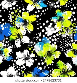 Abstractas diseño floral floreciente. Patrón con flores sin costuras. Vector de arte abstracto con textura de grunge con flores y plantas en estilo acuarela.