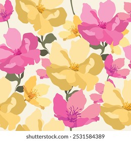 Abstract flower blooming design pattern with yellow and pink color. Pattern with floral seamless background