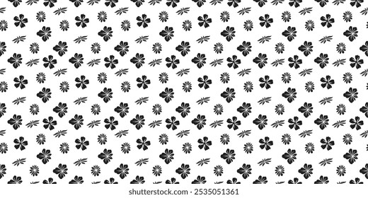 Abstractas diseño de flor en flor. Patrón con floral sin costuras. Patrón sin fisuras de la flor negra sobre fondo blanco. Textura para tela, textil, ropa. Ilustración vectorial 