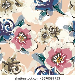 Abstractas diseño de flor en flor. Patrón con floral sin costuras. Vector de arte abstracto con textura grunge con flores y plantas en estilo acuarela.