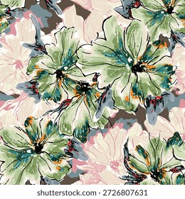 Abstractas diseño de flor en flor. Patrón con floral sin costuras. Vector de arte abstracto con textura grunge con flores y plantas en estilo acuarela.