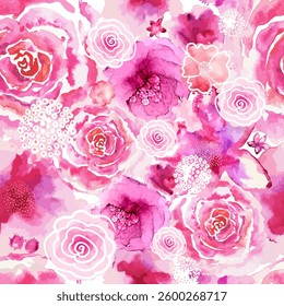 Abstract flower blooming design. Pink Watercolor Flowers Seamless Pattern. hand drawing. Not AI, Vector illustration.
