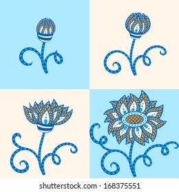 Abstract Flower In Blue And Orange Colors. Four Stages Of Blooming. Vector Illustration.