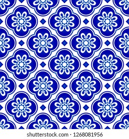 Abstract flower blue pattern, blue and white tile pattern, indigo seamless background, vector illustration