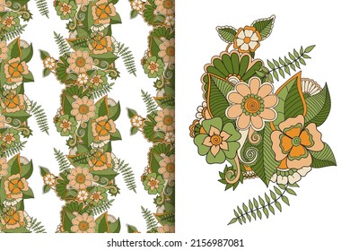 Abstract flower bouquet with seamless pattern. Floral background set