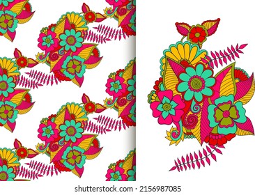 Abstract flower bouquet with seamless pattern. Floral background set