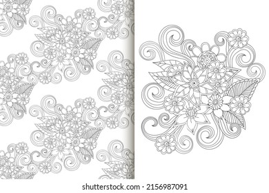 Abstract flower bouquet with seamless pattern. Floral background set