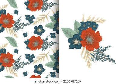 Abstract flower bouquet with seamless pattern. Floral background set
