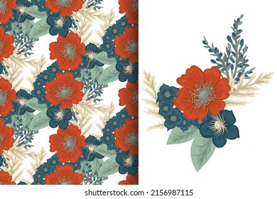 Abstract flower bouquet with seamless pattern. Floral background set