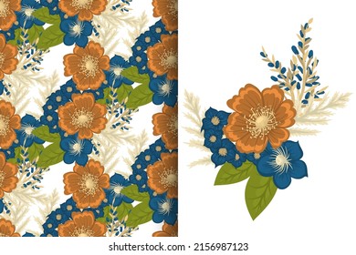 Abstract flower bouquet with seamless pattern. Floral background set
