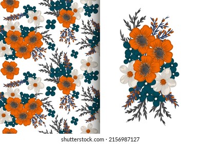 Ramo de flores abstracto con un patrón impecable. Conjunto de fondo floral