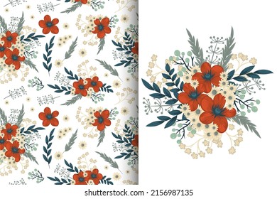 Abstract flower bouquet with seamless pattern. Floral background set