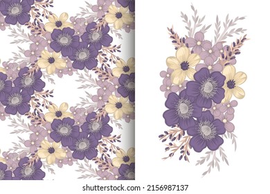 Abstract flower bouquet with seamless pattern. Floral background set