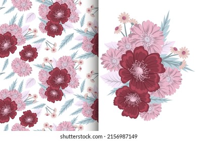 Abstract flower bouquet with seamless pattern. Floral background set