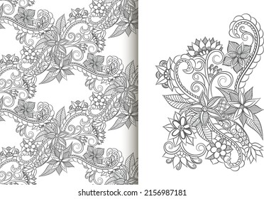 Abstract flower bouquet with seamless pattern. Floral background set