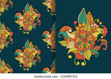 Abstract flower bouquet with seamless pattern. Floral background set