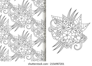 Abstract flower bouquet with seamless pattern. Floral background set