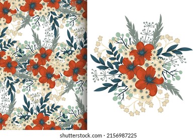 Abstract flower bouquet with seamless pattern. Floral background set