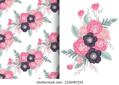Abstract flower bouquet with seamless pattern. Floral background set
