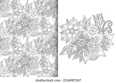 Abstract flower bouquet with seamless pattern. Floral background set