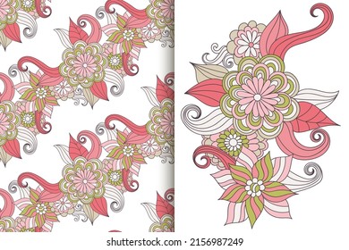 Abstract flower bouquet with seamless pattern. Floral background set