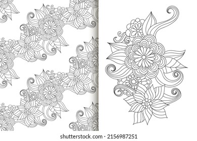 Abstract flower bouquet with seamless pattern. Floral background set