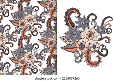 Abstract flower bouquet with seamless pattern. Floral background set