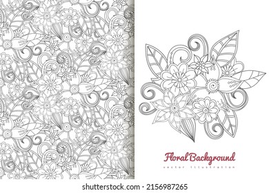 Abstract flower bouquet with seamless pattern. Floral background set