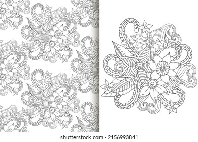 Abstract flower bouquet with seamless pattern. Floral background set