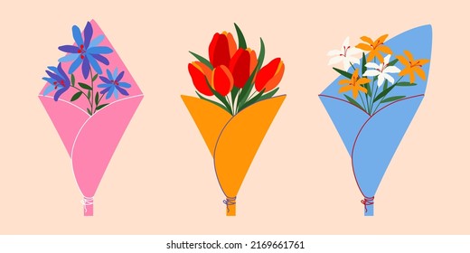 Abstract flower bouquets. Fresh flowers wrapped in gift paper, hand drawn flat floral decor. Vector illustration